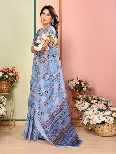 Image of Sidhidata Women's Cotton Linen Blend Lining Digital Printed Saree With Unstitched Blouse Piece (Linen Lining Saree)