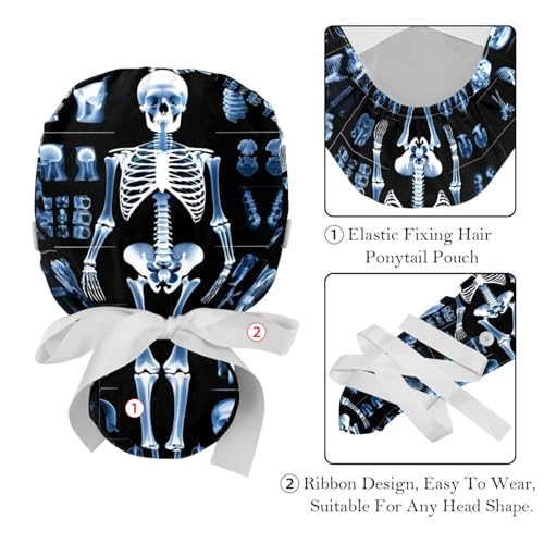 Image of 2 PCS Bouffant Cap with Button Ponytail Pouch Working Cap Sweatband Adjustable Surgical Cap Black and White Cow