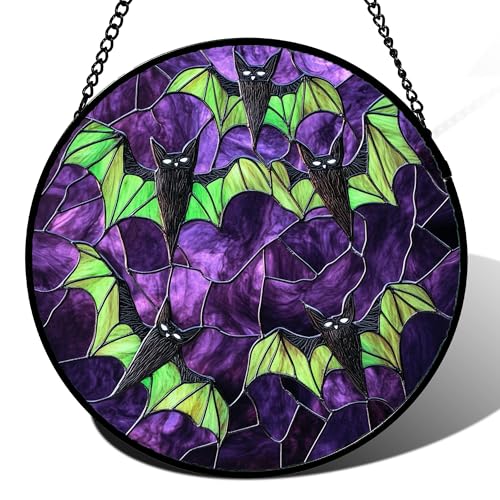 Image of Stained Glass Window Hanging - Halloween Decorations Black Bat with Green Wings Suncatcher for Doors Garden Indoor Spooky Sun Catchers Gothic Decor Horror Gifts for Women Men Friend 9.8 in