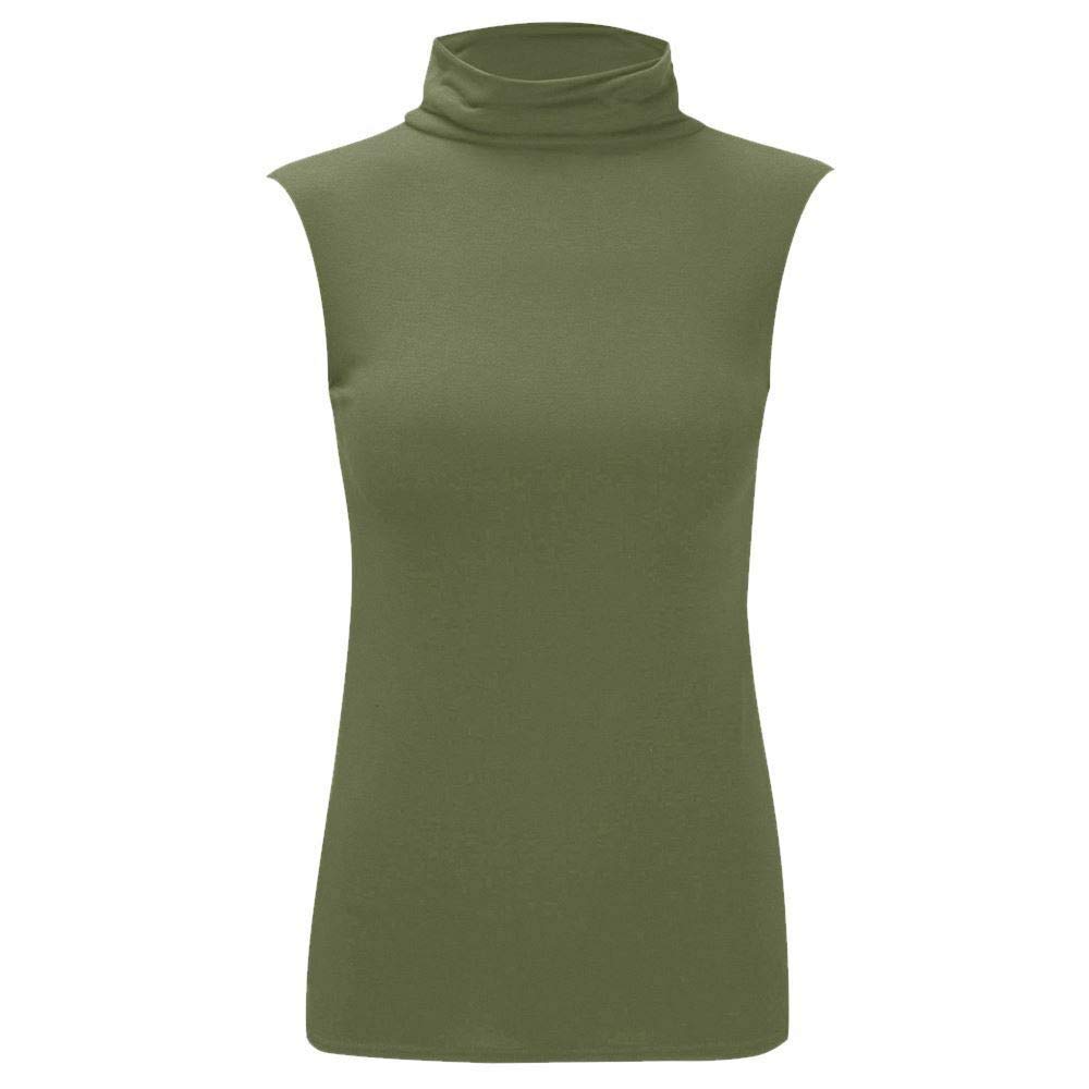 janisramone Womens Ladies Turtle Polo Neck Sleeveless T-Shirt Plain Casual Stretchy Bodycon Vest Tee Top Khaki