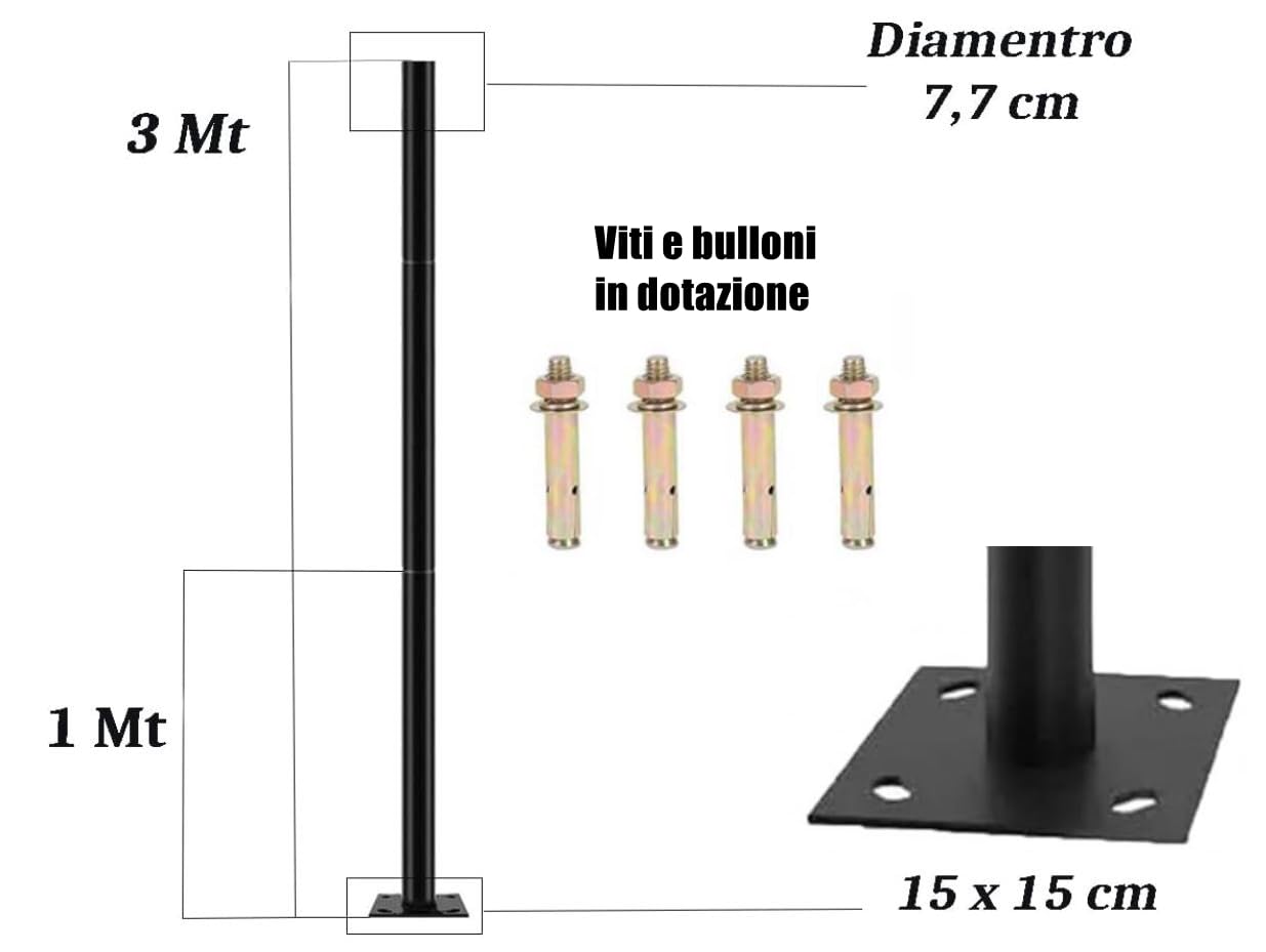 Dopa Dopastore Staffa Per Supporto In Metallo da 3 Metri Palo Per Lampione LED Telecamere Videosorveglianza Nero Da Esterni Giardino Viale Cortile