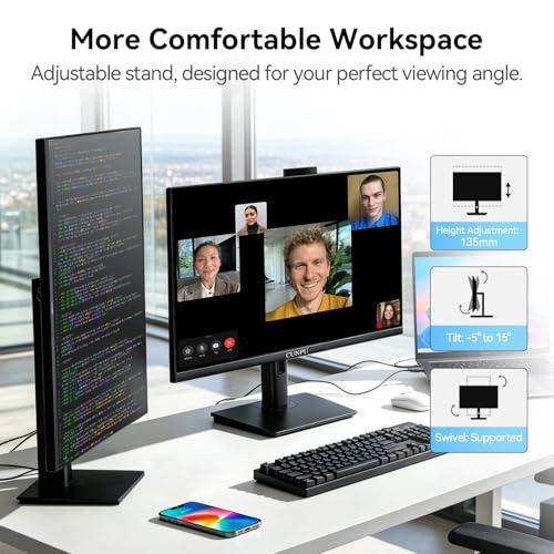 Image of CUNPU 24 Inch Monitor with Camera, Computer Monitor with Pop-up 5MP 2K Webcam and Stereo Mic & Speakers, FHD 1080P Vertical Monitor for Video Conferencing, HDMI, VGA Port, Swivel Pivot Adjustable