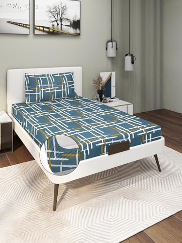 Image of Blue Strip 220TC Glace Cotton Elastic Fitted Bedsheets Single Bed with 1 Pillow Cover | Single Bed with All Around Elastic, Size 42 inch x 75 inch Inches