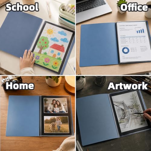 Image of 11x14 Blue Art Portfolio Folder Displaying 48 Pages with Plastic Sleeves | 24-Pocket Presentation Book Binder For Artwork Storage Featuring Dark Inner Paper Inserts Protective Document Archival Holder
