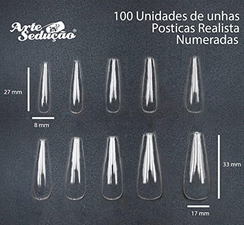 Unhas Postiças Realista Transparente, 100 Unidades, Arte Sedução