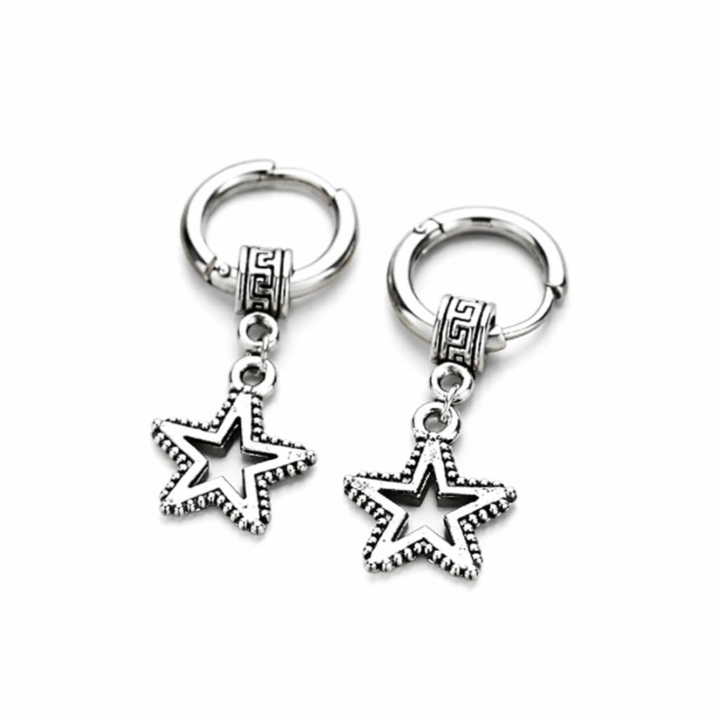Star Charm Dangle Hoop Earrings, Antique Style, Boho Celestial Design, For Men & Women Pack of 1 Pair-image-49
