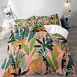 LUVIVIHOME 3PCS Leopard Duvet Cover Queen Bedding Sets, Pink Duvet Cover, Boho Aesthetic Tropical Plant Green Leaves Botanical Safari Jungle Animals Cheetah Print Comforter Quilt Cover, 2 Pillow Cases