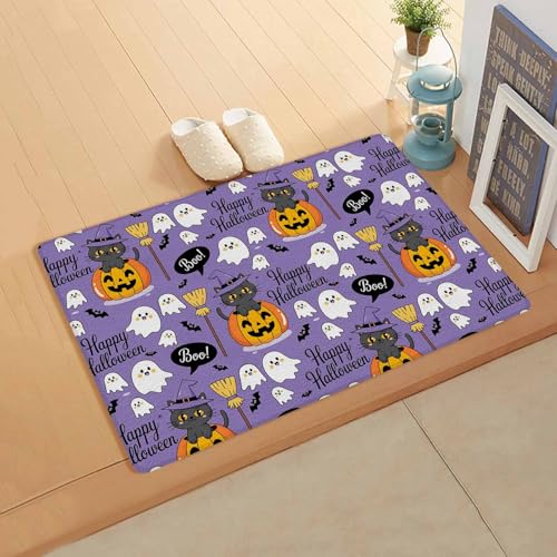 Yubilinco キッチンマット ハロウィン かぼちゃ 可愛い猫 紫 マット 合皮 踏み心地いい 撥水 直接拭ける 滑り止め付 保温 キッチン 台所 リビングルーム 部屋 玄関マット お手入れ簡単 直角長方形 丈夫 45×120cm