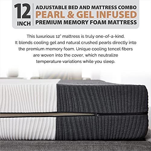 Blissful Nights Ananda 12" Pearl And Cool Gel Infused Memory Foam Mattress With Premium Adjustable Bed Frame Combo, Head Tilt, Massage, Usb, Zero Gravity,Anti-Snore … (Split King) #TOP5