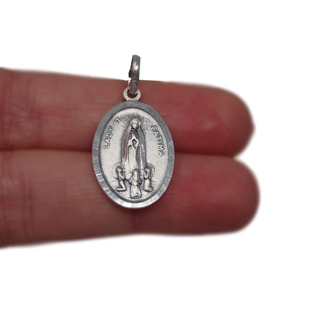 Virgen de Fátima medalla plata Ley 925m colgante 24 mm. maciza ovalada con pastores bisel tallado
