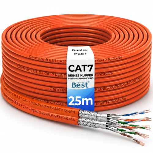 Germany B.e.s.t CAT 7 25M Duplex Netzwerkkabel Verlegekabel Kupfer LAN Kabel Ethernetkabel S/FTP 10 Gbit/s Kat 7 reines Kupfer Datenkabel PoE+ LSZH Datenkabel