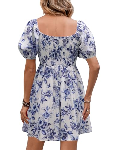 Image of Womens Babydoll Dress 2026 Summer Casual Puff Sleeve V Neck Cute Boho Smocked Flowy Short Sundress Beach Mini Dresses