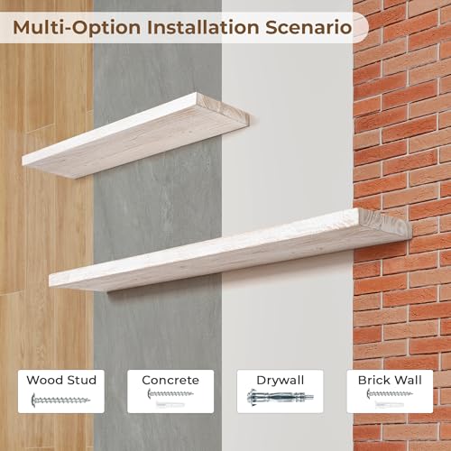 Image of Floating Shelves for Wall, 40in Reclaimed Elm Wood Shelves, White, 2PCs | 8in Deep Rustic Solid Elm Wood Wall Shelves for Storage, Wall Mounted Display Shelving, Invisible Heavy-Duty Metal Bracket