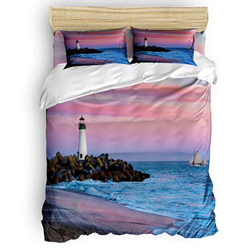 4-Piece-Bedding-Sets-Beach-Sunset-Lighthouse-Sailboat-Comforter-Set-Duvet-Cover-Bed-Sheets-Pillow-Cases-for-ChildrensKidsTeensAdults-Queen-Size-Seascapes 51hXGleclpL