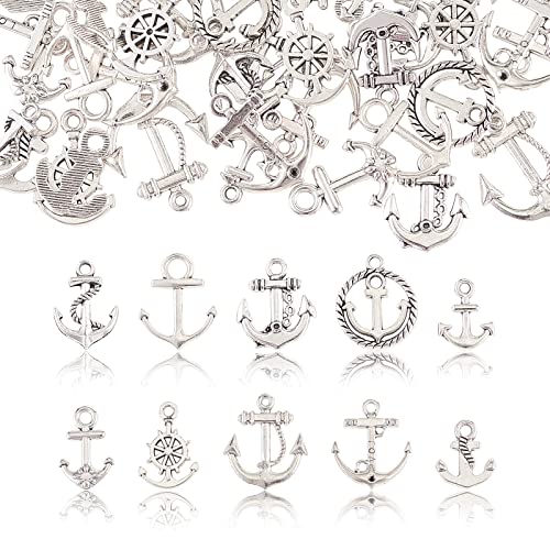 Airssory 100 Pcs 10 Styles Vintage Nautical Anchor Theme Charms Collection Bulk for Necklace Bracelet Jewellery Making and Crafting