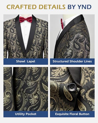 YND Men's Paisley Tuxedo Jacket, One Button Dress Suit Blazer, Floral Coat with Bow Tie for Dinner Party Prom Wedding4