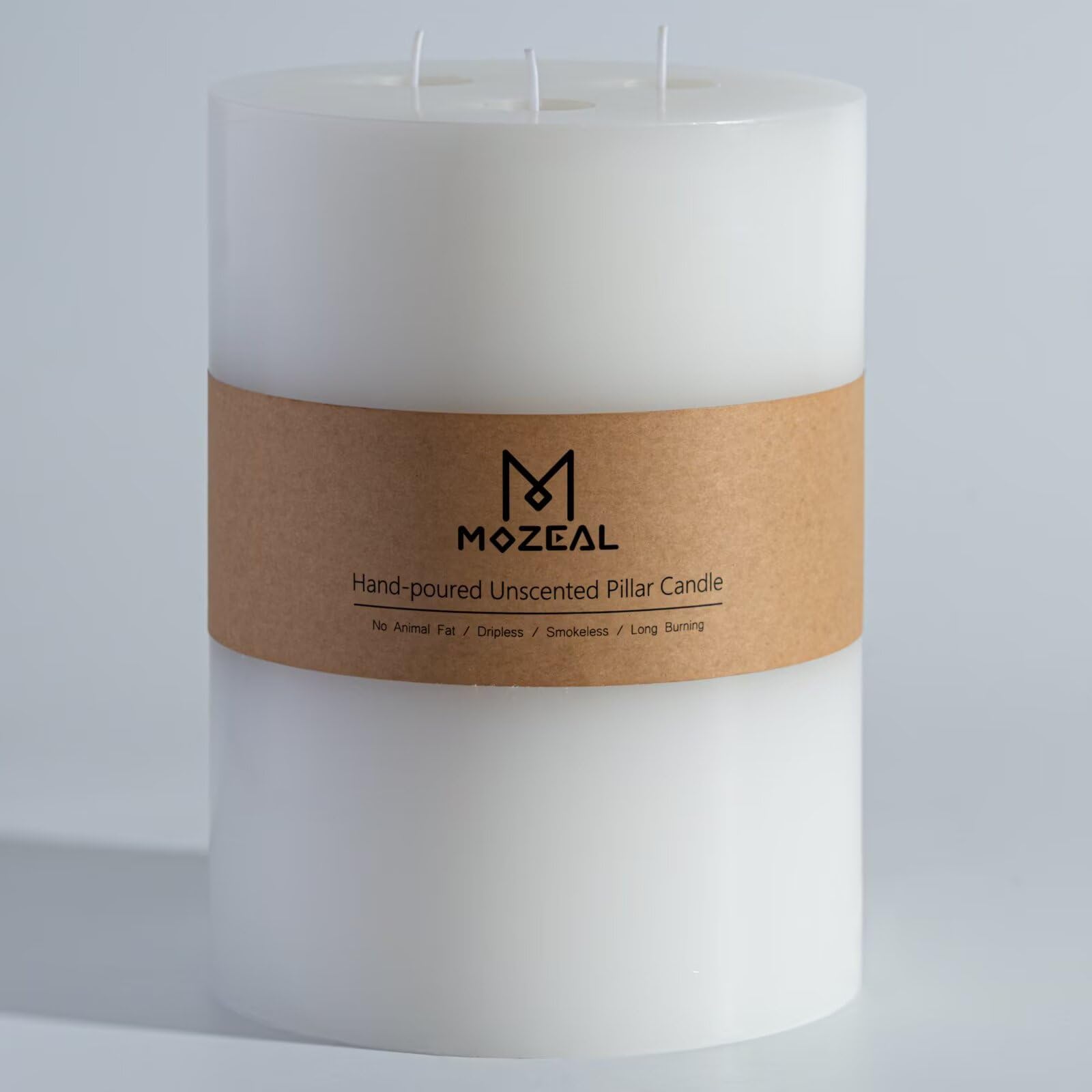 MOZEAL Extra Large 3 Wick White Pillar Candle, 6" x 6", Unscented, Dripless, Smokeless, and Clean-Burning. Approx. 160 Hours of Burn Time. Perfect for