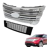 SEBLAFF Front Grille Grill Shell Set Snap On Chrome Upper Lower Assembly Replacement for 2011-2015 Explorer