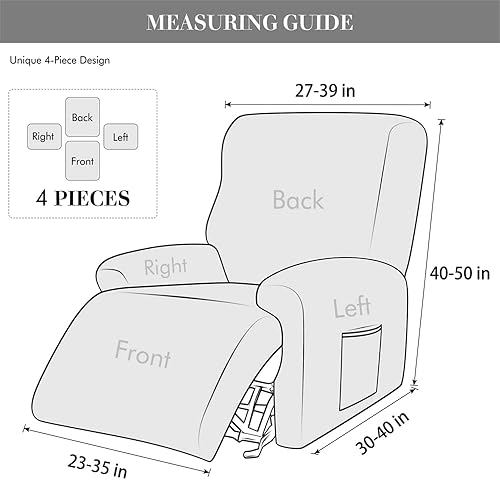 Miniatura 6 de VIENLOVE Funda elástica de jacquard para silla reclinable, funda de sofá de 4 piezas, funda protectora de muebles de poliéster con bolsillo lateral,