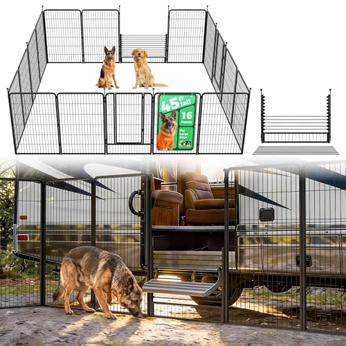 Image of FXW Instant Dog Playpen with RV Step Grid for RV Camping, 45 inch H, 16 Panels | Quick-Setup & Heavy-Duty Play Yard, Helps Close Stair Gaps, Fits 30 inch RV Step Opening, For Large Dogs, Patented