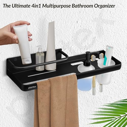 Image of Plantex 4 in 1Shelf for Bathroom /Aluminium Bathroom Shelf Rack /Self Adhesive Bathroom Shelf /Liquid Soap Dispenser /Tooth Brush Holder /Towel Hanger Space /Bathroom Accessories Set-(Pack-1, Black)