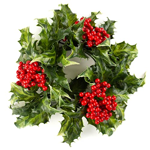Group of 2 Weather Resistant Classic Holly Candle Ring with Red Berries - Real Touch Artificial Lifelike Holly Candle Ring for Christmas Holiday Decoration by Factory Direct Craft (9