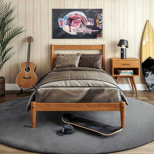 Mid-Century Modern Platform Bed/Solid Wood/Slat Headboard/Mattress Foundation of 10 Wood Slats - No Box Spring Needed/Easy Assembly, Mult. Colors, Twin (Castanho)