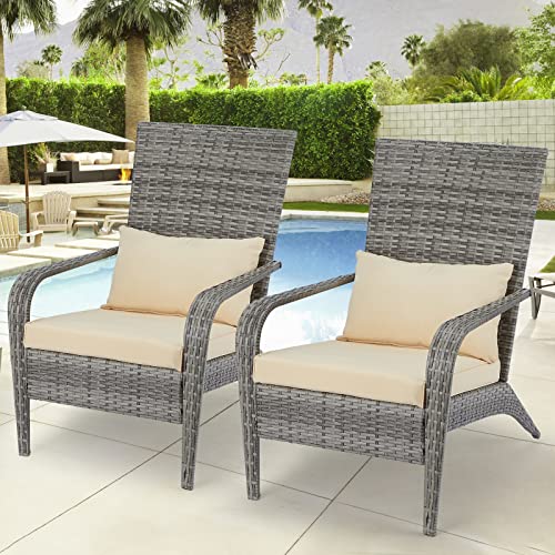 AECOJOY 2 Pieces Outdoor Wicker Patio Chairs, Outdoor Dining Adirondack Rattan Chair with Cushion and Pillow, All Weather High Back Rattan Wicker Patio Dining Chairs for Garden,Backyard,Porch,Grey