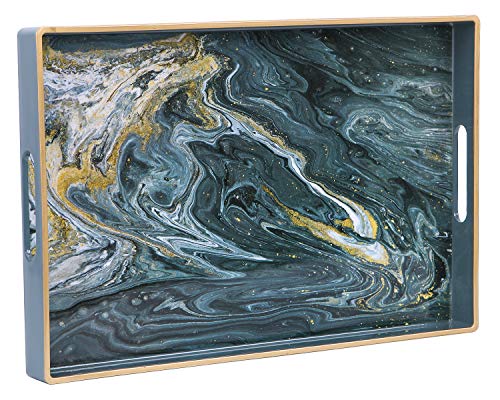 Zosenley Decorative Tray, Rectangular Plastic Tray with Handles, Marbling Vanity Tray and Serving Tray for Ottoman, Coffee Table, Kitchen and Bathroom, 15.6â€L x 10.2â€W x 1.5â€H, Golden Dark Gray