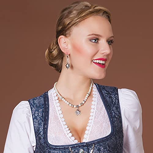 Traditional bavarian jewelry set pearl necklace and earrings rhinestone Edelweiss, Ladies costume jewelry, traditional german flower pendant, Dirndl, Oktoberfest (cream-white)2