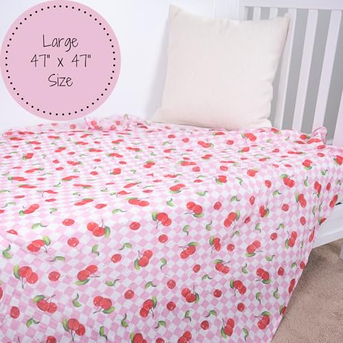 Image of LollyBanks 100% Cotton Baby Swaddle Blanket for Baby Girls, Gentle and Soft Muslin Swaddle, Lightweight 47 x 47 Inches Swaddling Blankets for Newborn, Baby Girl Newborn Essentials (Cherry Print)