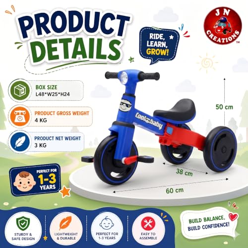 Image of 3-in-1 Toddler Tricycle | Slide, Pedal & Balance Bike for Kids | Leather Seat, Silent Wheels & Sturdy Frame | Ideal for 10 Months to 3 Years (Blue)