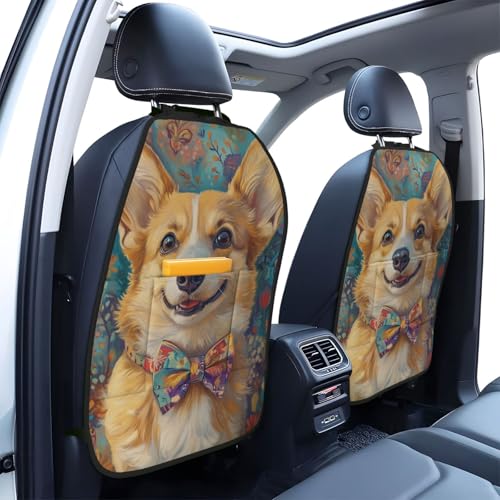 Protectores de asiento elegantes color beige con pajarita de Corgi para coche, pack de 2 4