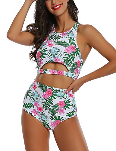 Womens High Neck Flower Print Swimsuits Crop Top Cutout 2 Piece Two Bathing Suit Swim Vintage Swimwear Medium Size 8 10