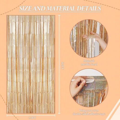 Image of DECOCKRAT 3 Pack Foil Fringe Backdrop - Laser Champagne Shiny Tinsel Curtains for Party Decoration /Photo Booth Props - 3.3x8.2 FT Metallic Foil Backdrop for Birthday, Wedding, Graduation, Christmas.
