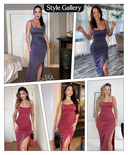 Popilush Sparkly Cocktail Dresses for Women Tummy Control Formal Shapewear Dress Square Neck Ruched Midi Dress Side Slit2