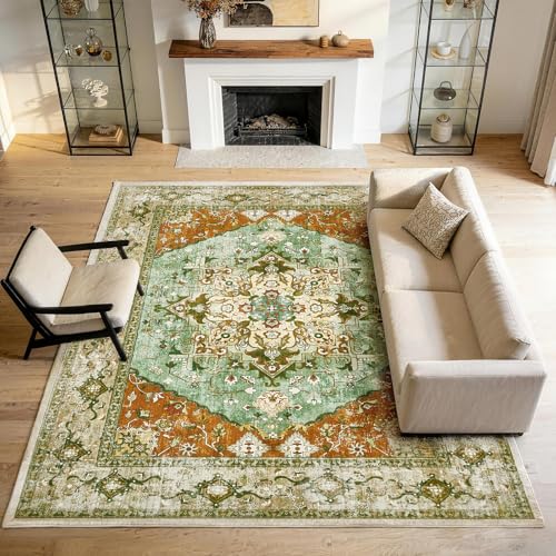 Puremy Groß Vintage Teppich, Waschbare Boho Wohnzimmerteppich, Niedriger Flor rutschfest Teppiche für Schlafzimmer Esszimmer Büro und Kinderzimer, 200x280cm, Grün
