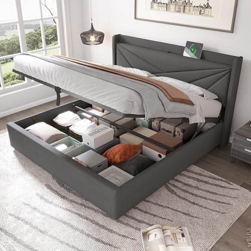 Arhatreya Cama tapizada de 140 x 200 cm, cama doble con cajón, cama de almacenamiento con función de carga USB tipo C, cama juvenil con somier, cama con espacio de almacenamiento para dormitorio,