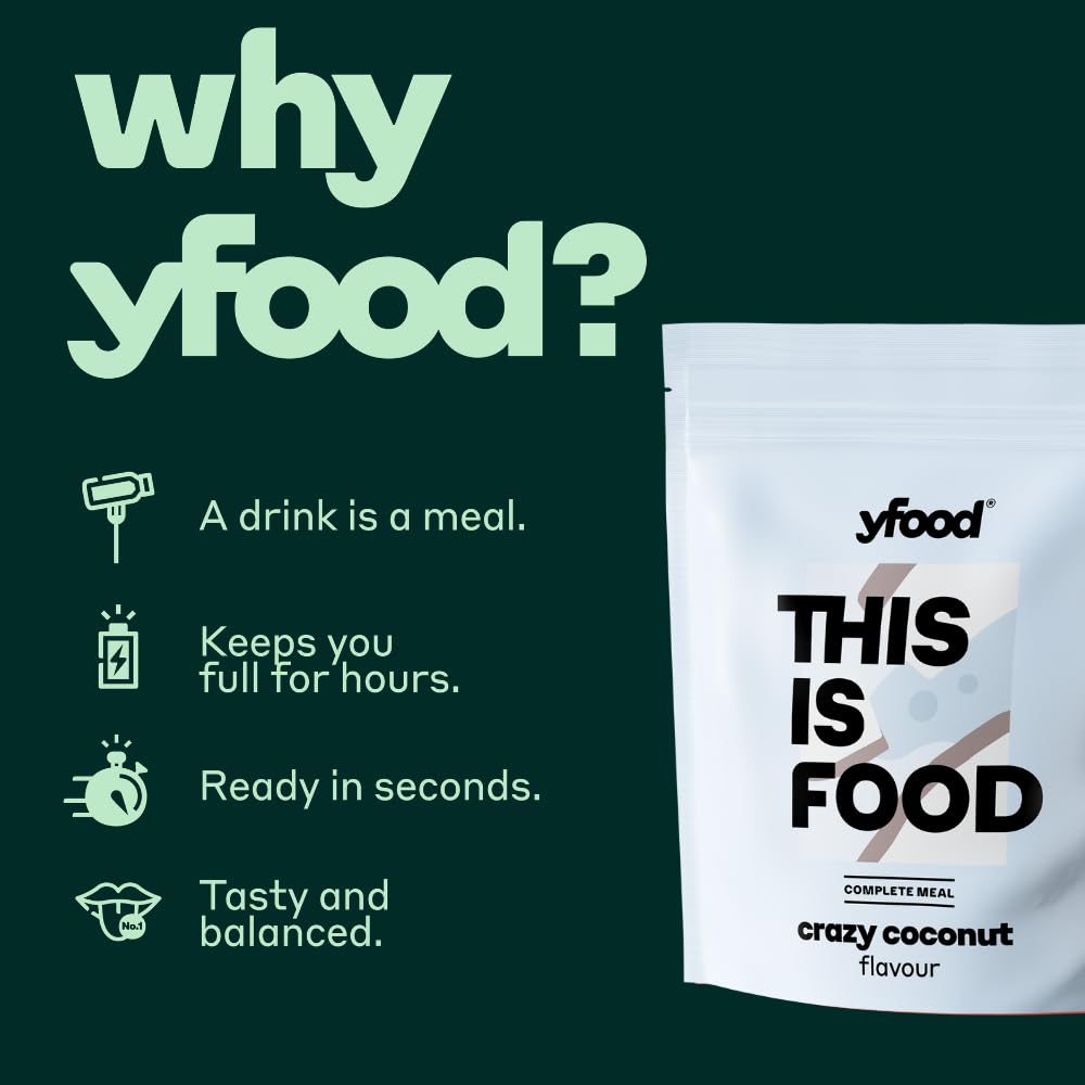 yfood Bebida Crazy Coconut – 12 comidas de 400 kcal en polvo – 26 g de proteínas, vitaminas y minerales – Sabor: coco
