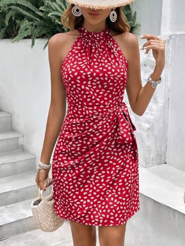 Image of LIGHT DOT Women's Summer Dress Dot Print Halter Neck Tie Waist Casual Zipper Back Sundress Vacation Outfits