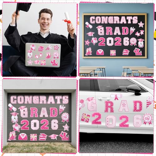 Image of Landhoow 30 Pcs Graduation Car Magnets 2026 Senior Graduation Car Decoration Bumper Sticker Congrats Grad Magnet Magnetic Refrigerator Decal for Grad Parade Party Supplies(Pink, Hot Pink)