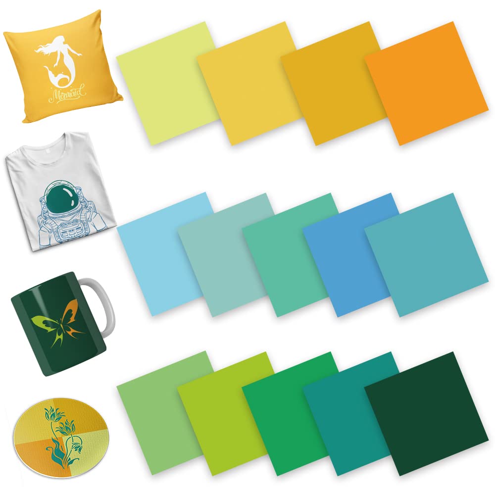 WOWOCUT Sublimation Paper,14 pcs 12"X12" Blue & Green Solid Color Heat Press Transfer Paper, Sublimation Sheet for DIY T-Shirt,Personalized Coffee