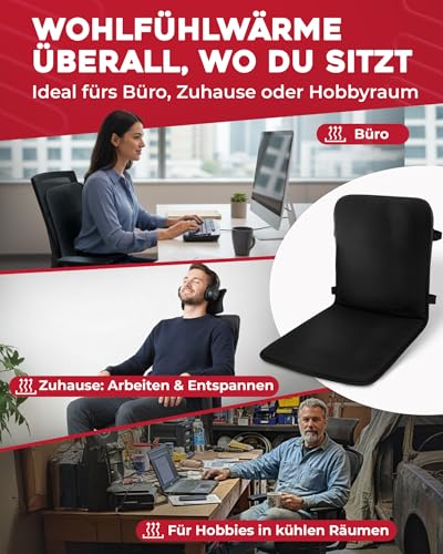 Delindo Lifestyle Beheizbare Bürostuhl Sitzauflage, 43x94 cm, Stuhlkissen für Gesäß und Rücken mit 3 Temperaturstufen, 2 Heizzonen, Schwarz