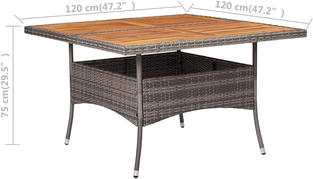vidaXL Patio Dining Table | Weather Resistant Gray Poly Rattan | Durable Solid Acacia Wood | Comfortably Seats Four | Ideal for Outdoor Dining