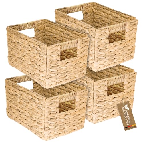 HMF Aufbewahrungskorb geflochten aus Wasserhyazinthe, dekorativer Korb mit Tragegriffen zur Aufbewahrung für Badezimmer Küche und Wohnbereich | 4er Set | Größe M | 32 x 23 x 20 cm | Natur
