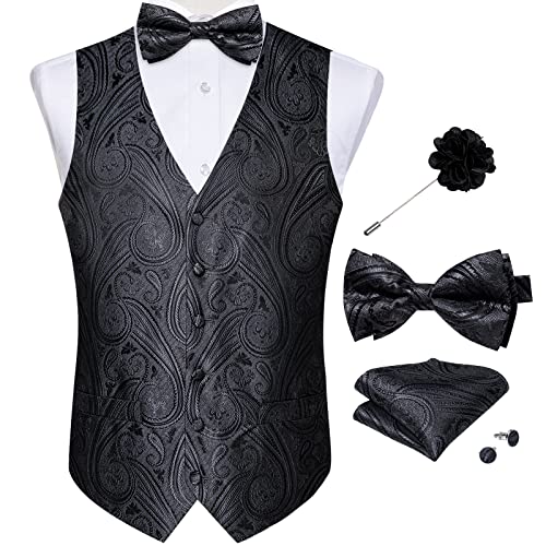 Image of DiBanGu Mens Paisley Suit Waistcoat,Silk Dress Vest and Bowtie Pocket Square Cufflinks with Lapel Pin Set for Wedding Tuxedo, Black, Medium