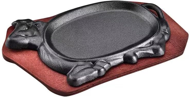 Juego de platos de fajita de hierro fundido para ganado con placa de madera para carne y pizza (10 x 7 pulgadas)