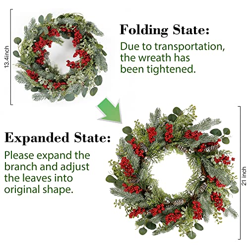 Sggvecsy 21 Inch Artificial Christmas Wreath For Front Door Xmas Red Berry Wreath With Pine Needles Pine Cones Bells Christmas Hanging Decorations For Winter Wall Outdoor Home Holiday Window Decor #TOP5