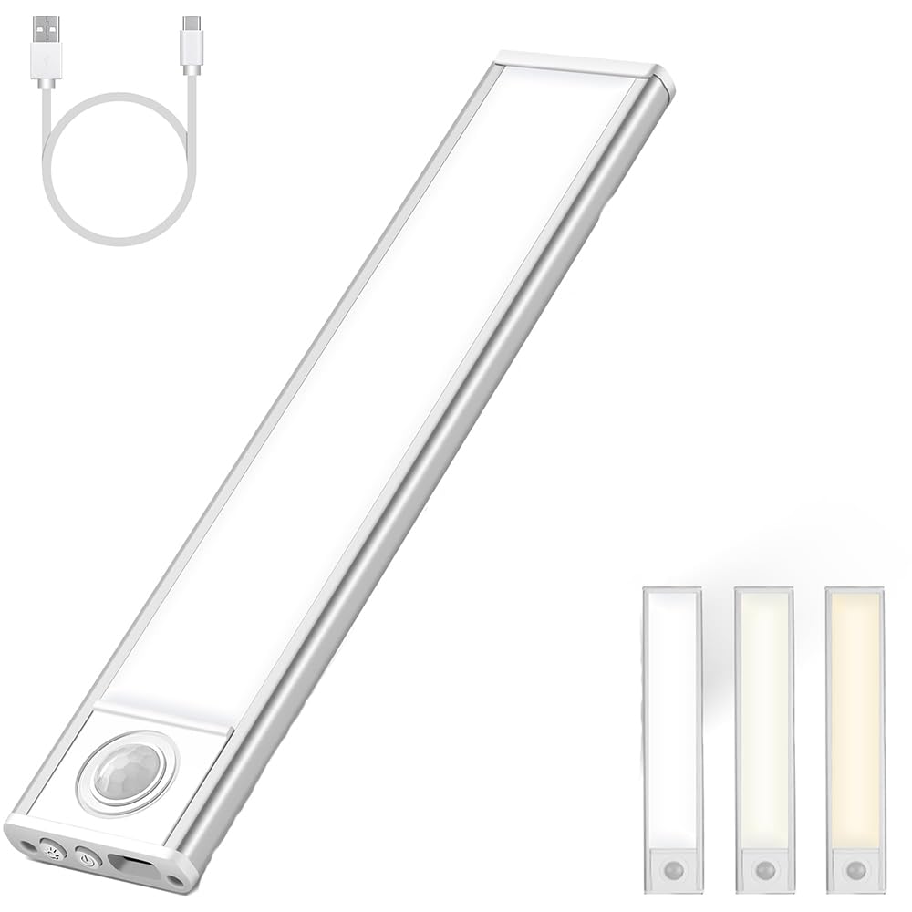 Under Cabinet Light Wireless Motion Sensor Light 34pcs LED Closet Light USB Rechargeable Under Counter Lighting Kitchen Stairs Bedroom Wardrobe(50CM, Silver(s-1))