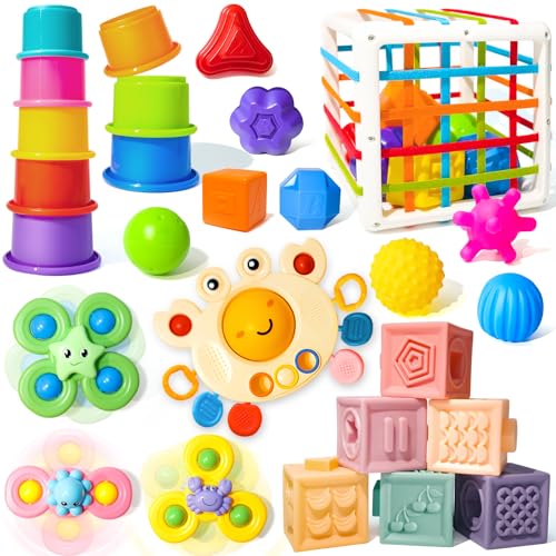 Montessori Toys for Babies 0-3-6-12 Months, 6 in 1 Baby Toys 4 5 6 7 8 9 Month Old, Baby Blocks Stacking Toys, Infant Baby Sensory Development Learning Toys Gifts for 1 2 3 Year Old Boys Girls